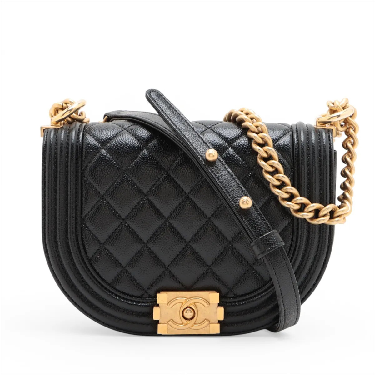 Chanel Boy Chanel Caviar Skin Chain Shoulder Bag Black Gold Metal Fittings rando