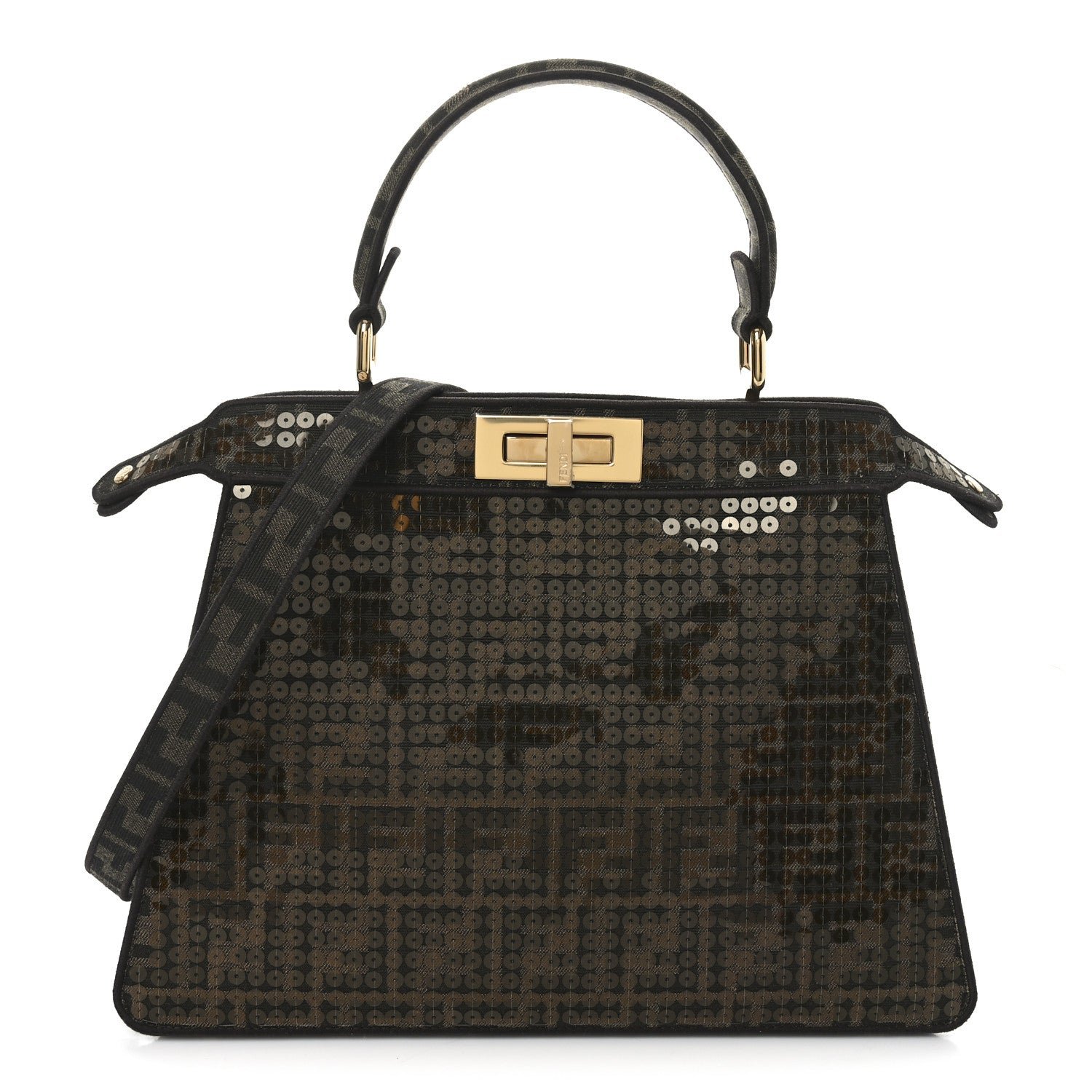Fendi Fabric Jacquard Paillettes Vitello Seta FF 1974 Medium Peekaboo I SEE U Satchel Tobacco Moro