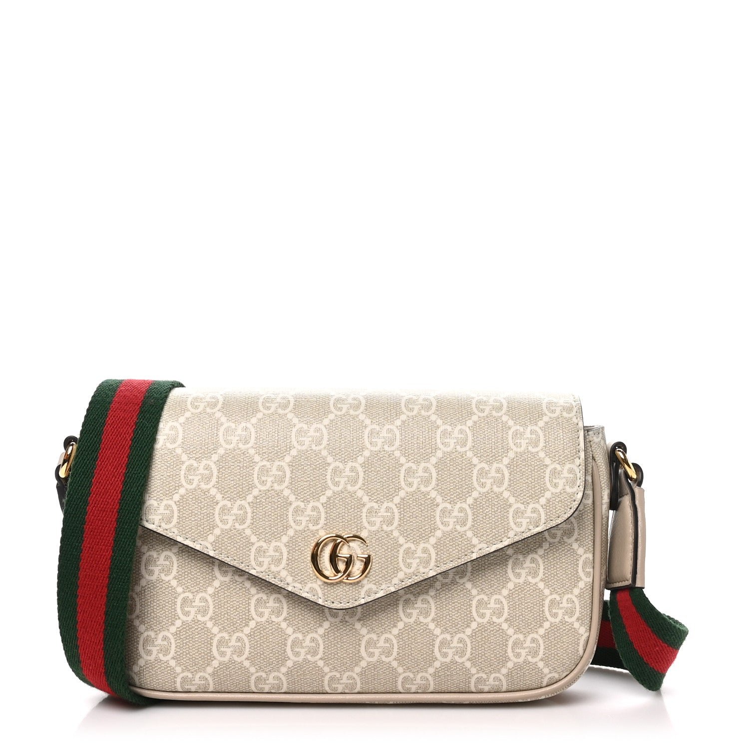 Gucci GG Supreme Monogram Textured Dollar Calfskin Web Mini Ophidia Envelope Shoulder Bag Beige Mystic White Oatmeal