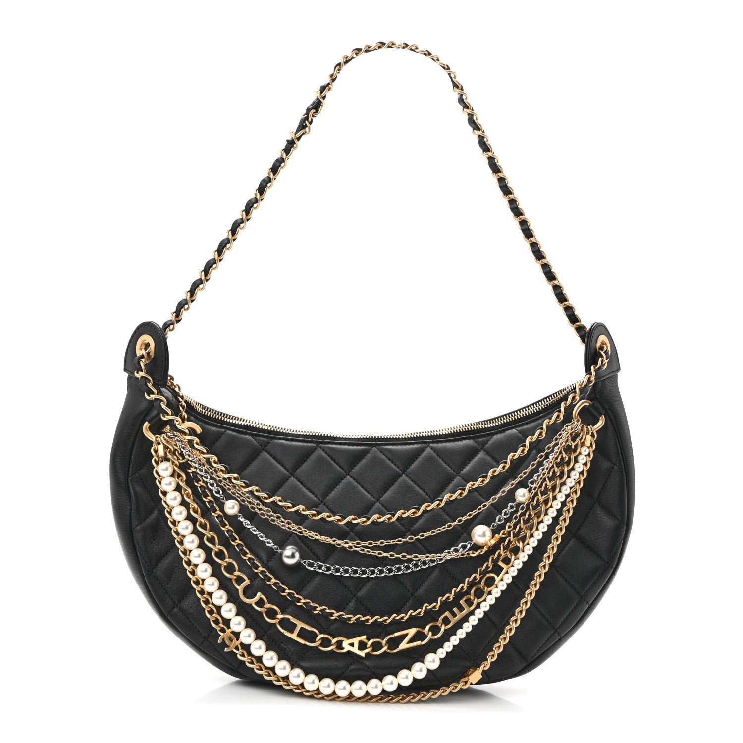 Chanel Lambskin Quilted All About Chains Hobo Black