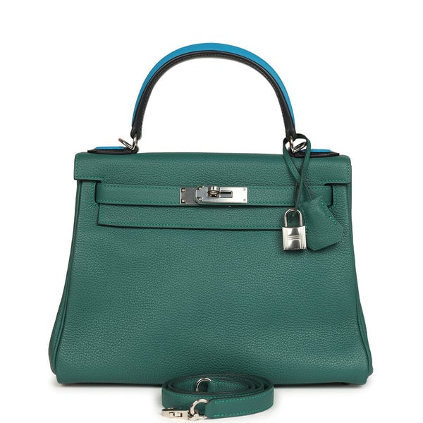 Hermes Pre-owned Hermes Au Pas Kelly Retourne 28 Malachite Togo, Black, Bleu Zanzibar Evercolor and Box Palladium Hardware