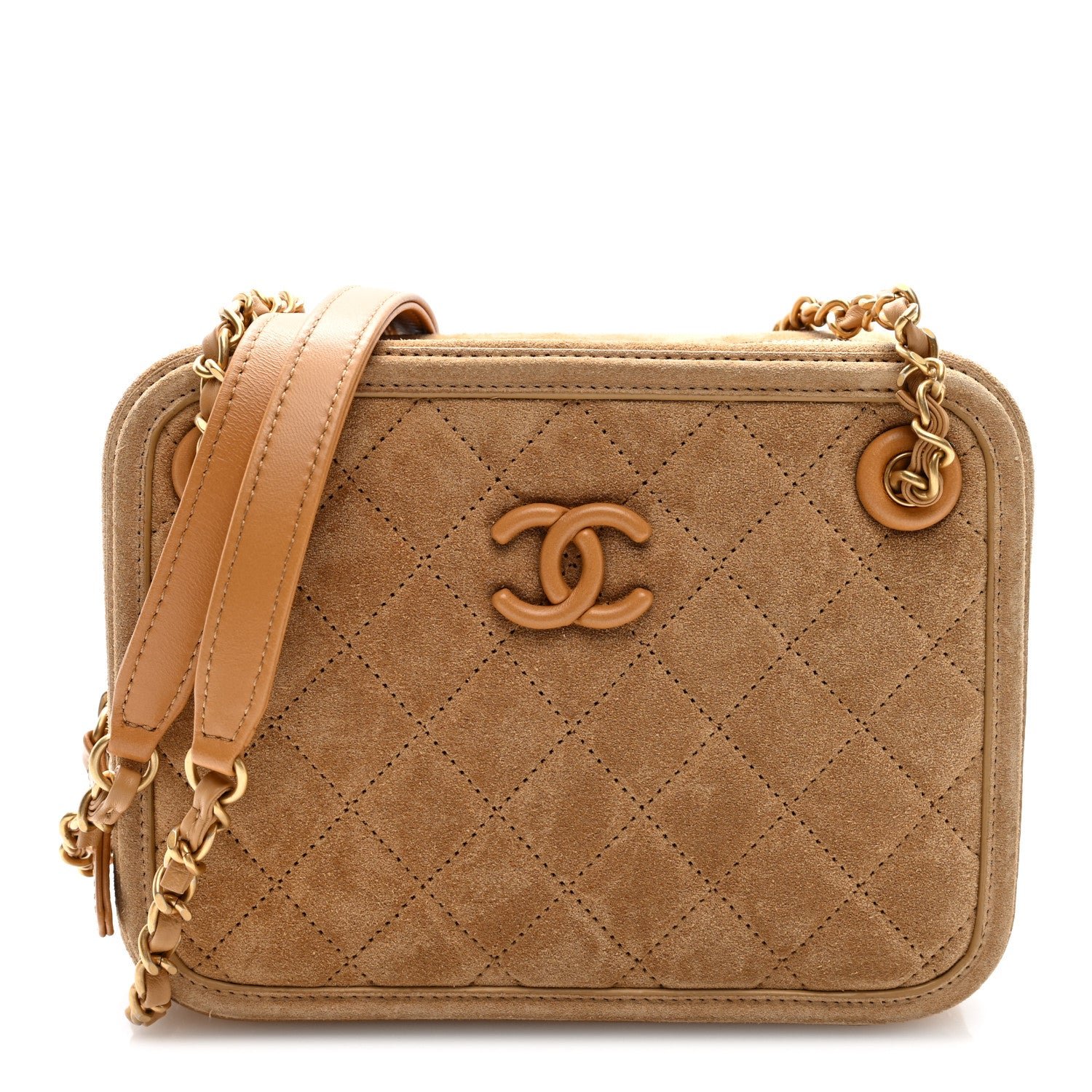 Chanel Suede Quilted CC Tassel Camera Case Light Brown