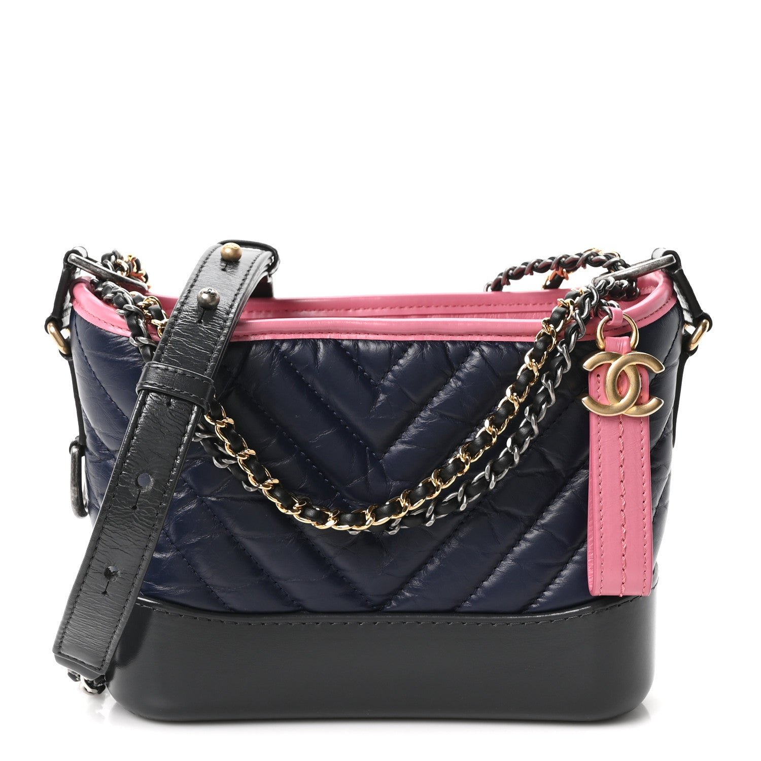 Chanel Aged Calfskin Chevron Quilted Small Gabrielle Hobo Dark Pink Navy