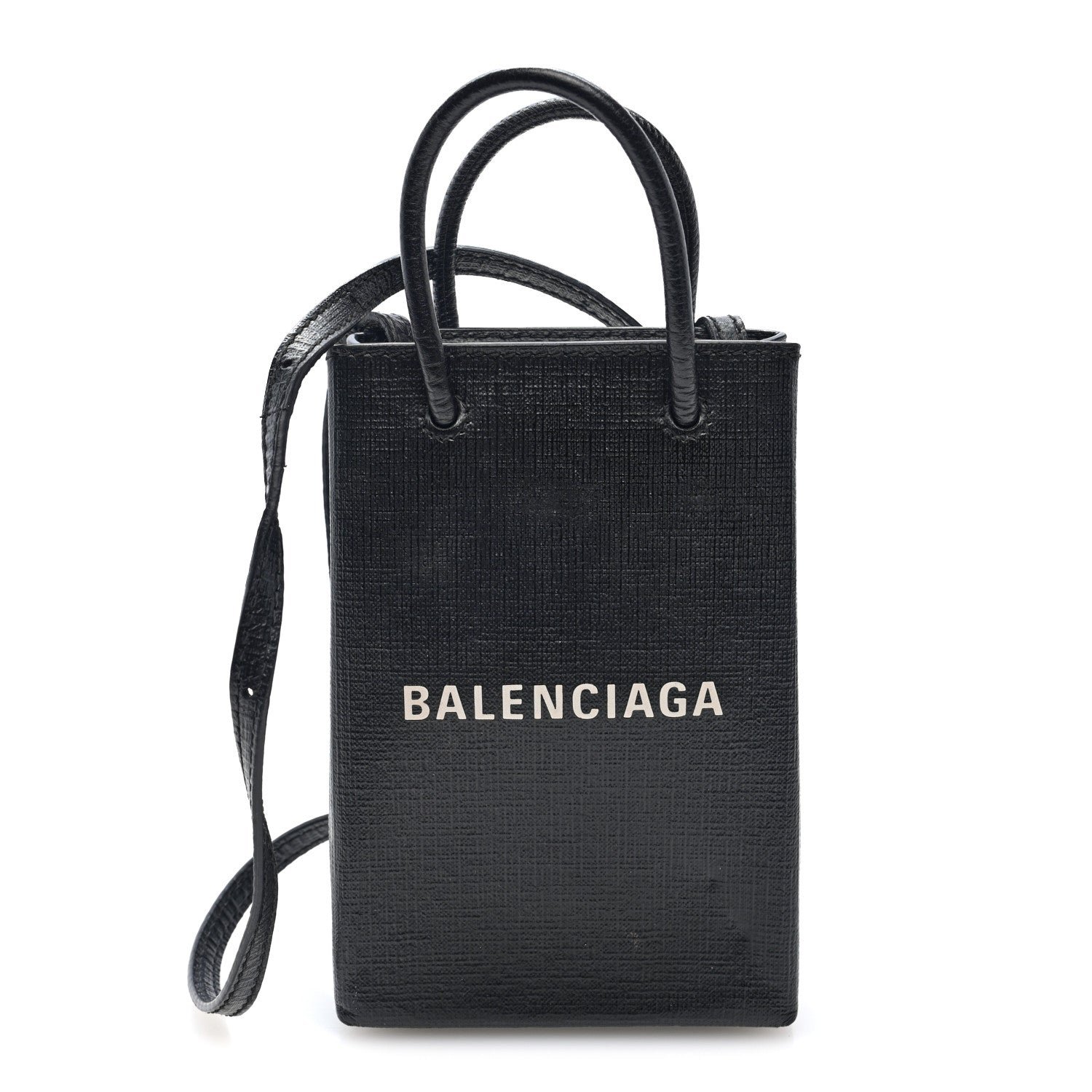 Balenciaga Squared Calfskin Logo Shopping Phone Holder Bag Black