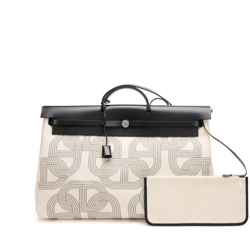 Ecru, Beige and Gris Meyer Toile and Black Hunter Herbag Zip Cabine 50 Bag Palladium Hardware, 2023