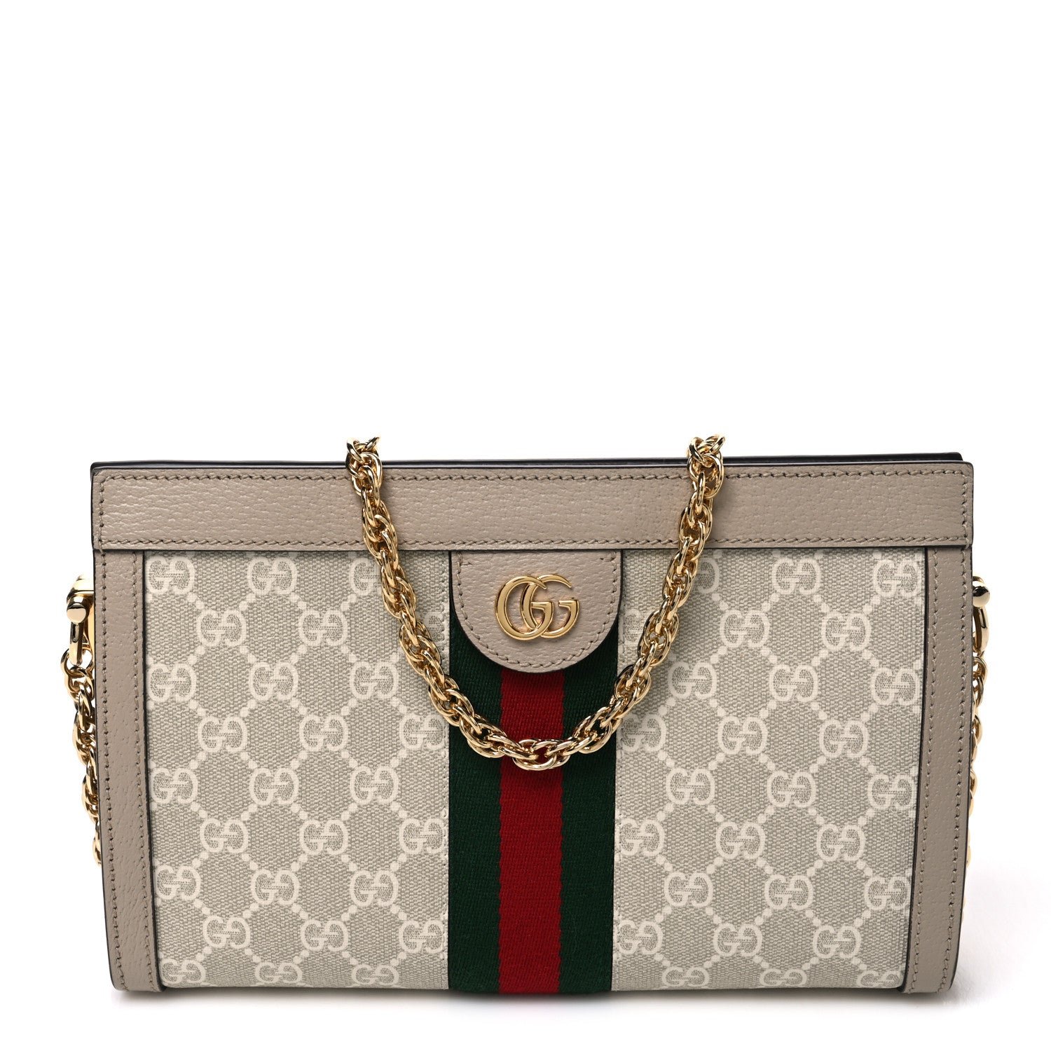 Gucci GG Supreme Monogram Textured Dollar Calfskin Web Small Ophidia Chain Shoulder Bag Beige Mystic White Oatmeal