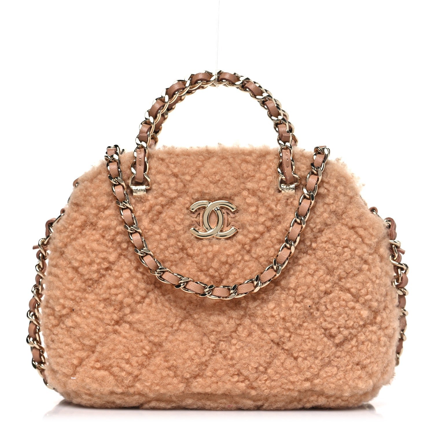 Chanel Shearling Quilted Shiny Coco Clutch With Chain Dark Beige