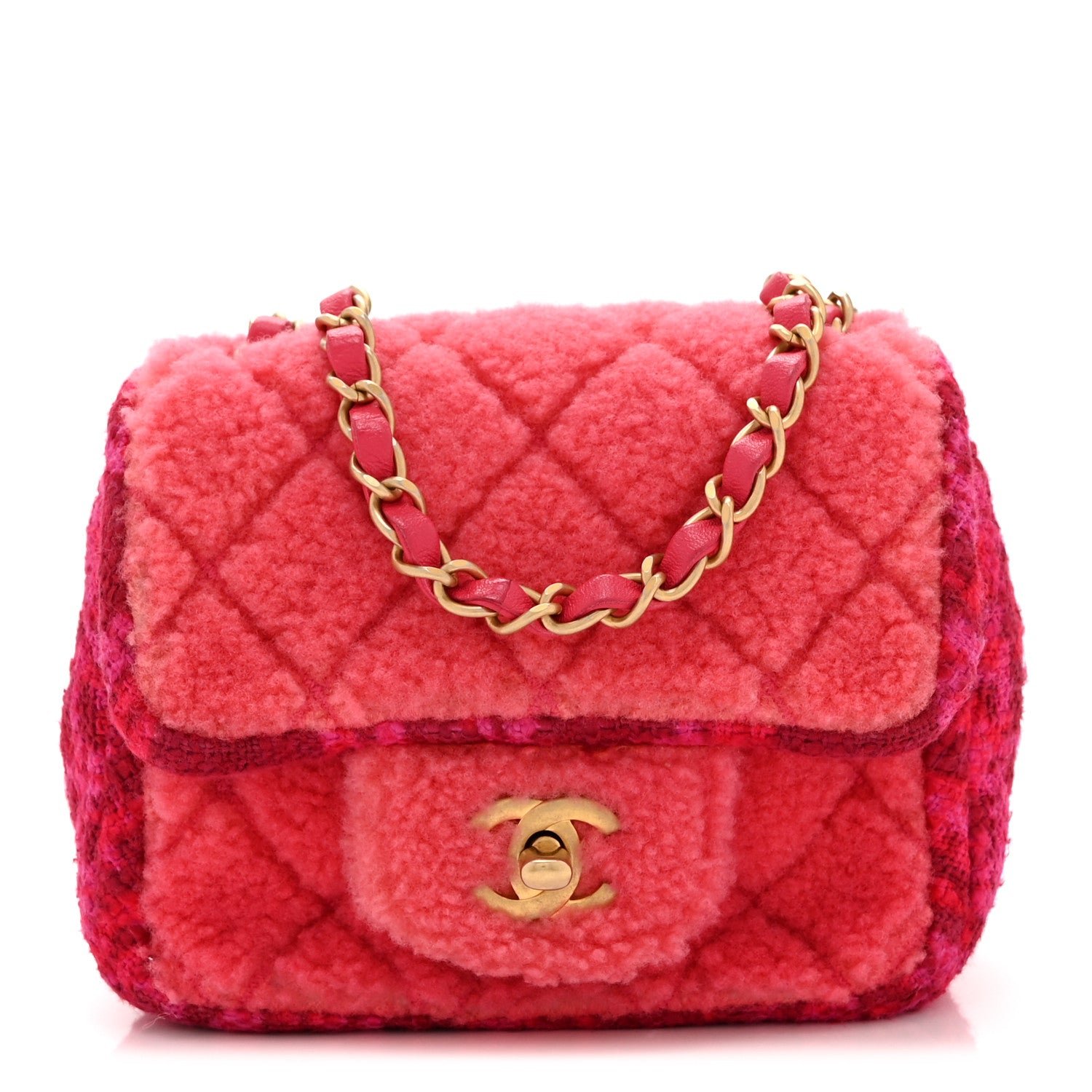 Chanel Shearling Tweed Quilted Mini Square Flap Bag Pink