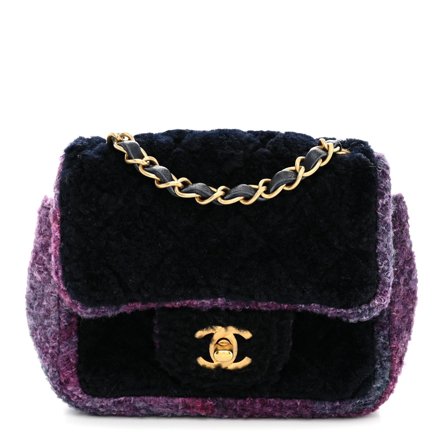 Chanel Shearling Tweed Quilted Mini Square Flap Bag Purple
