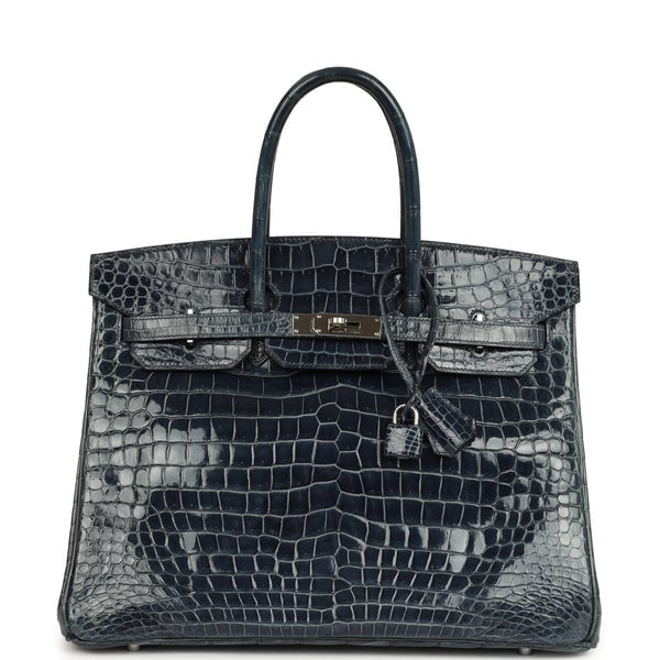Hermes Pre-owned Hermes Birkin 35 Bleu Abysse Shiny Porosus Crocodile Palladium Hardware