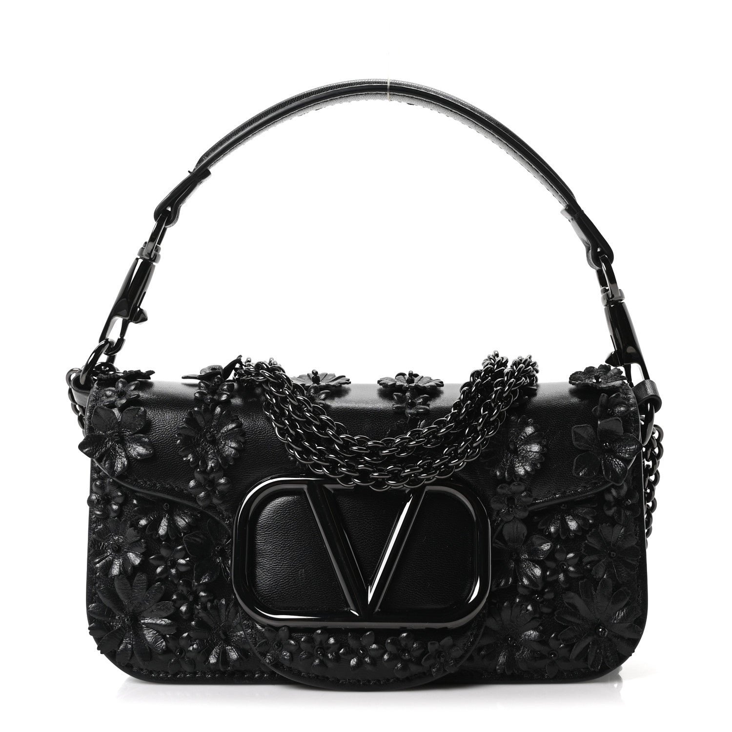 Valentino Garavani Valentino Garavani Calfskin Floral Embroidered Monochrome Vlogo Small Loco Shoulder Bag Black