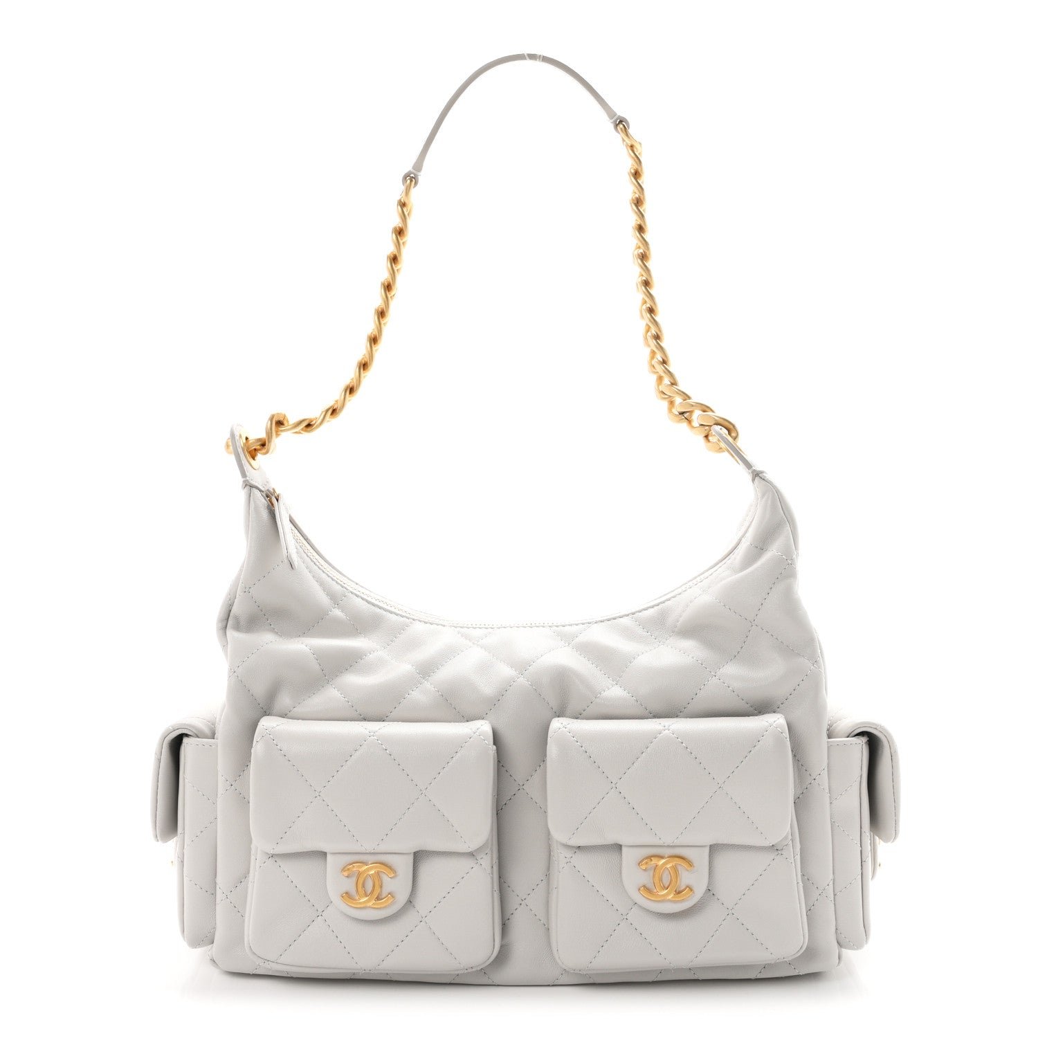 Chanel Shiny Lambskin Quilted Large Trendy Pockets Hobo Light Grey