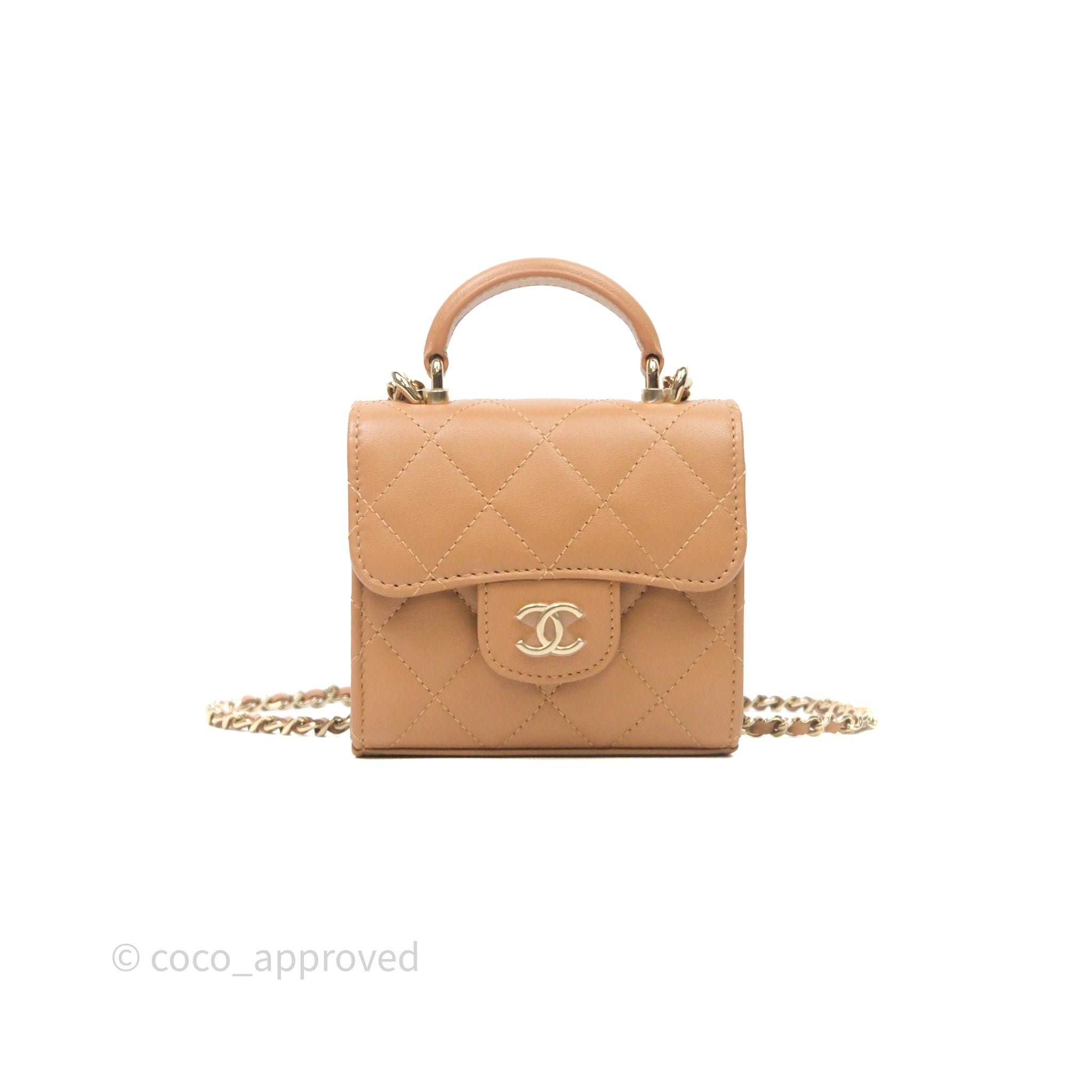 Chanel Mini Top Handle Flap Bag Beige Lambskin Gold Hardware