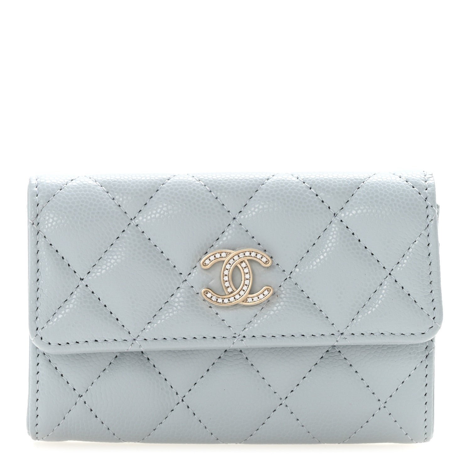 Caviar Quilted Crystal CC Flap Card Holder Light Blue