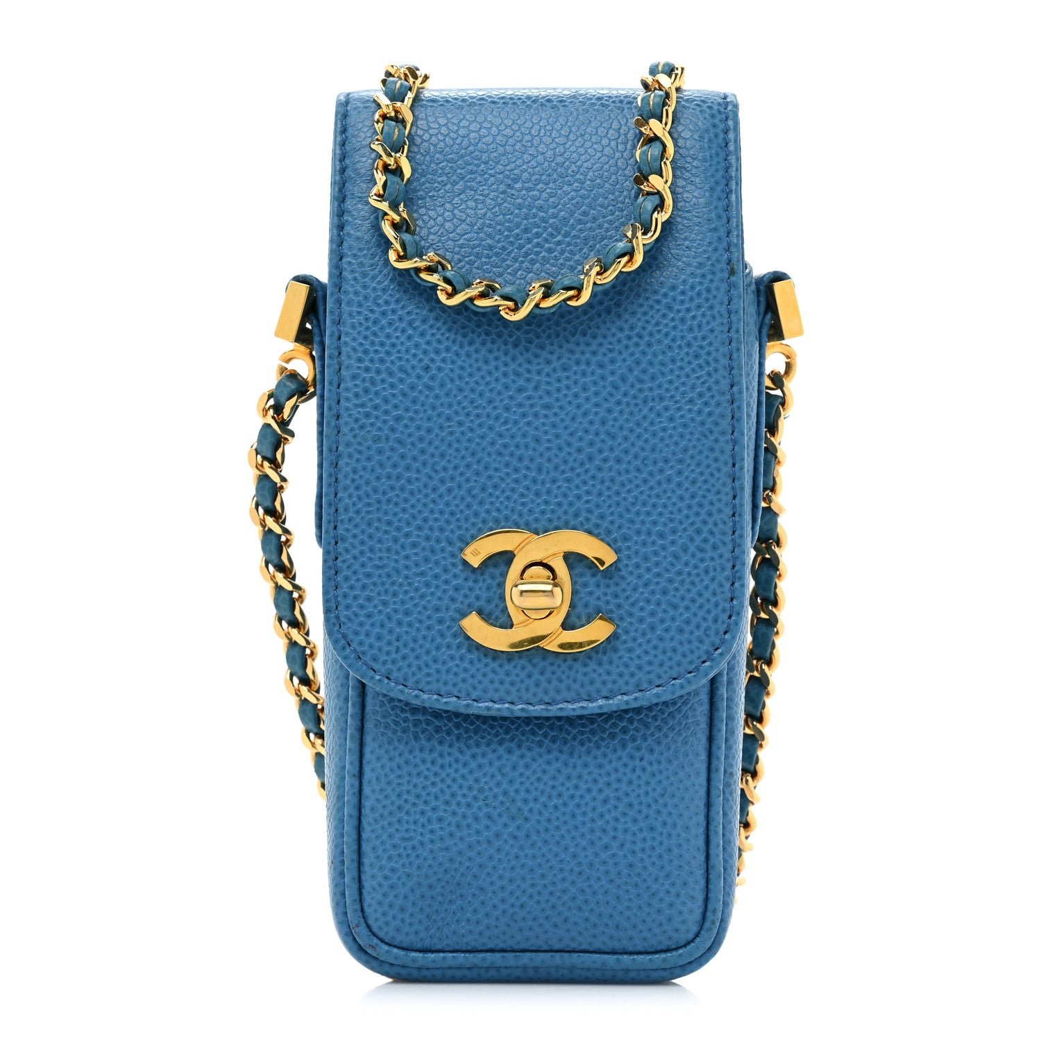 Chanel Caviar Phone Holder Crossbody Blue