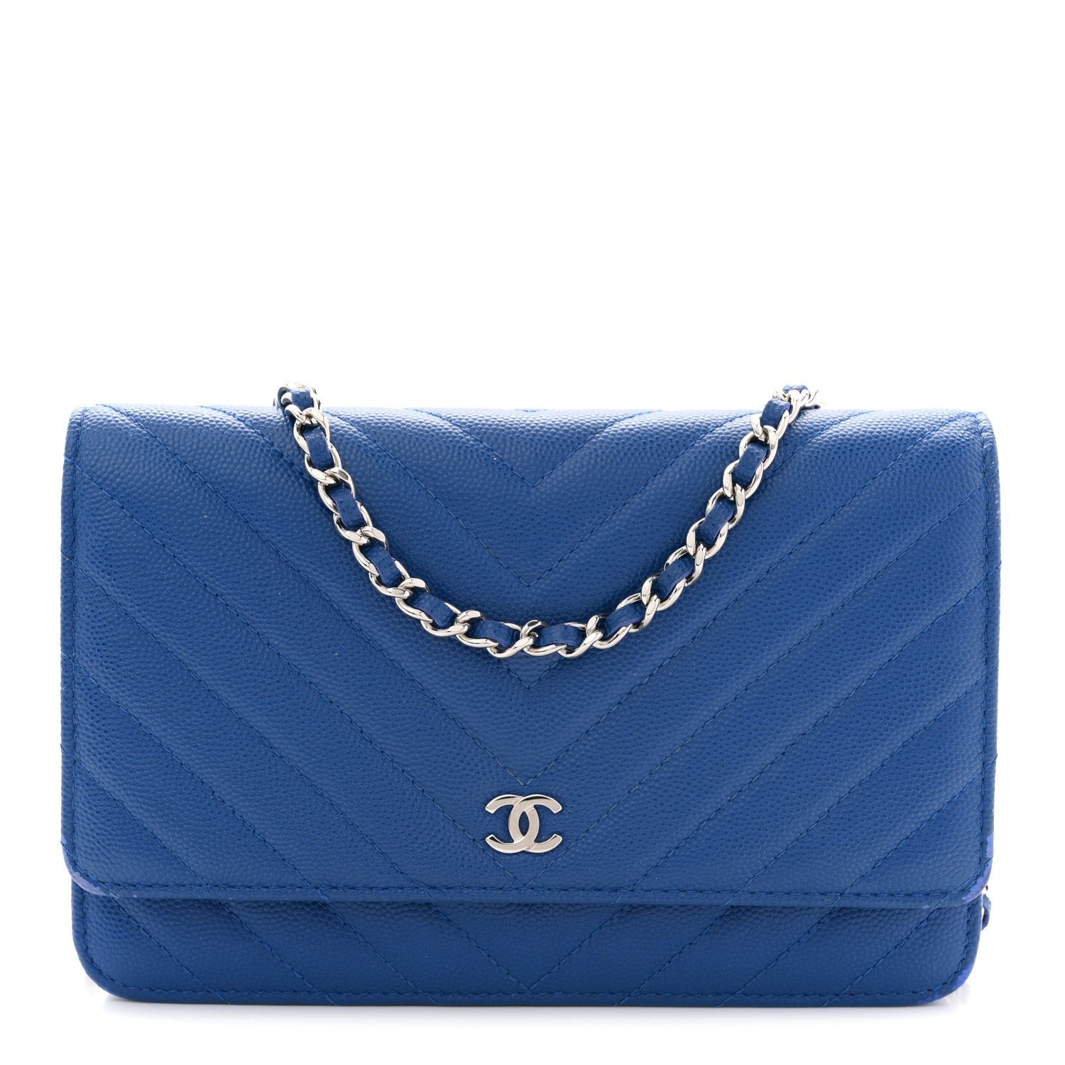 Chanel Caviar Chevron Quilted Wallet On Chain WOC Blue