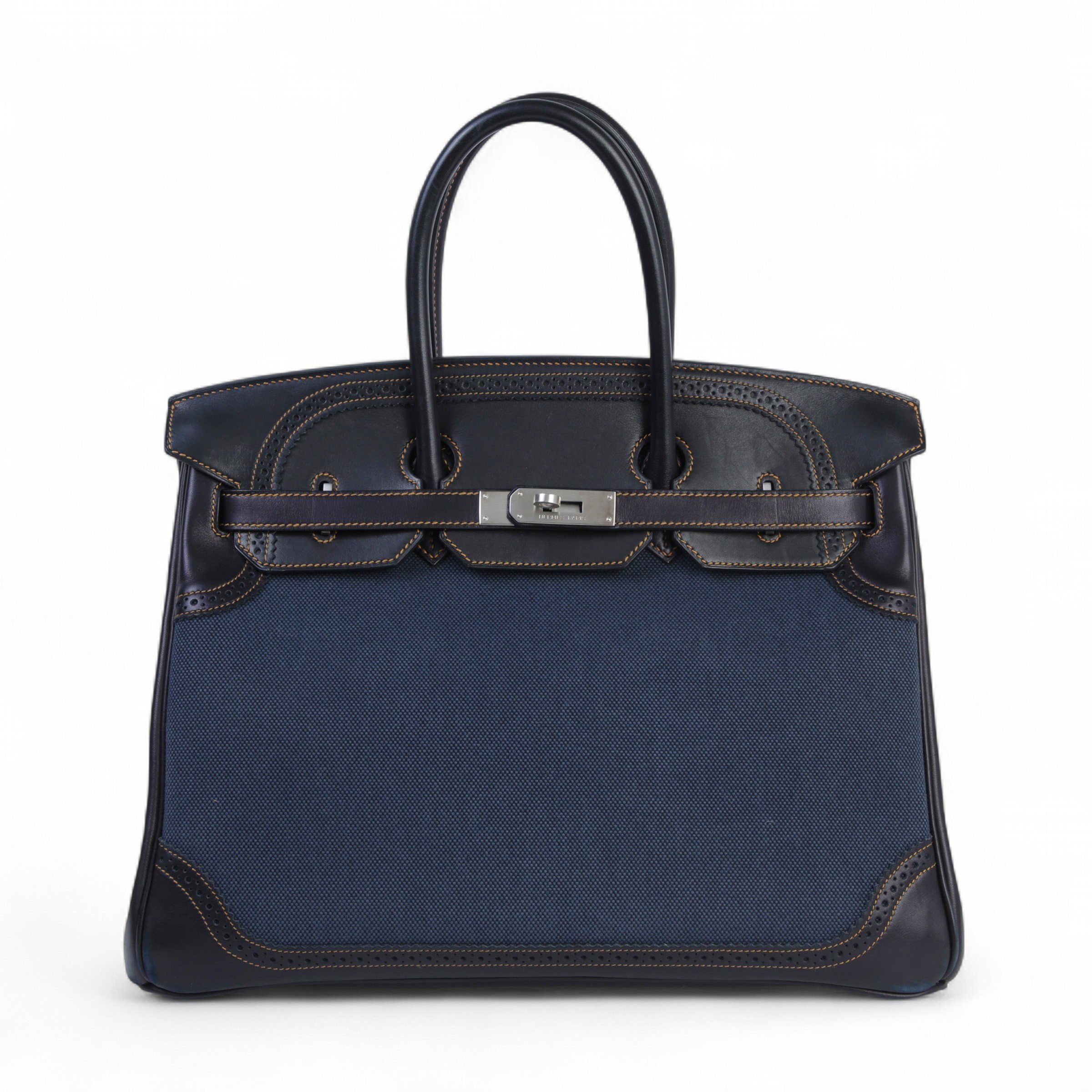 Hermes Good ( Rank AB) HERMÈS Birkin Ghillies 35 Noir (89) Denim Fonce Evercalf Toile H canvas Brushed Palladium Square P (2012)
