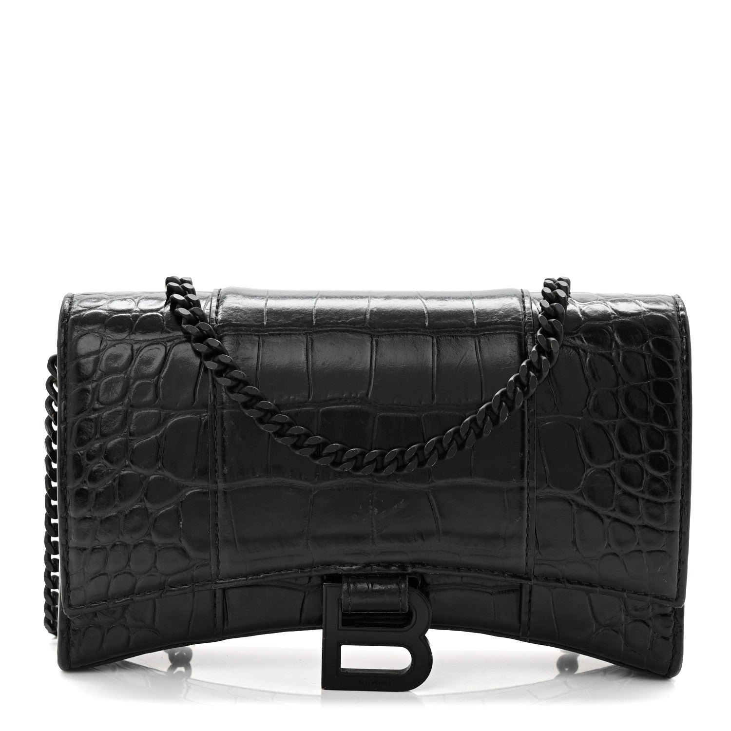 Balenciaga Shiny Calfskin Monochrome Crocodile Embossed Hourglass Chain Bag Black