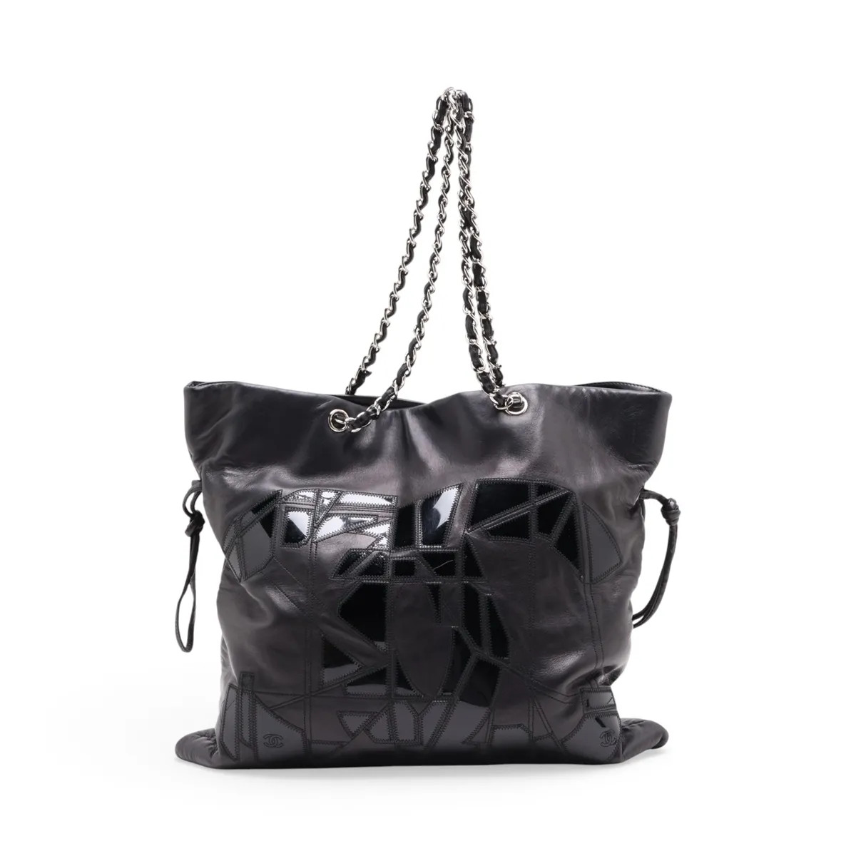 Chanel Coco Mark Lambskin x patent leather Chain Tote Bag Black Silver Metal Fit