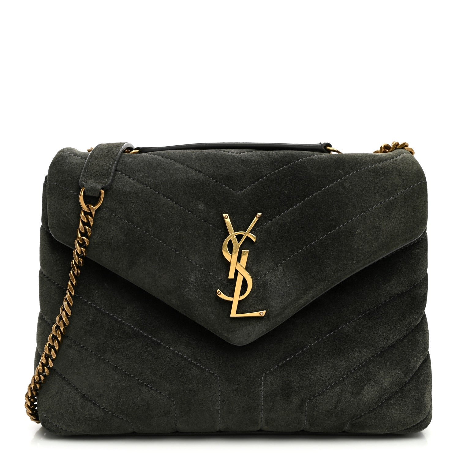 Saint Laurent Suede Calfskin Y Quilted Monogram Small Loulou Chain Satchel Storm
