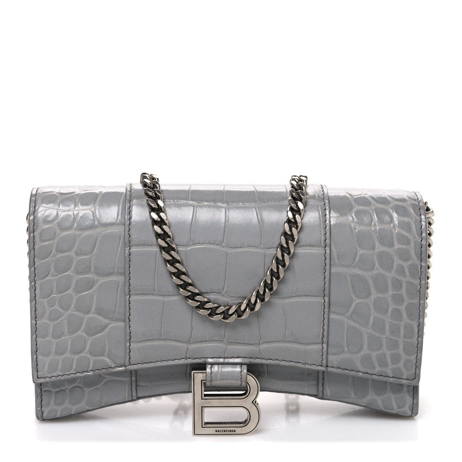 Balenciaga Shiny Calfskin Crocodile Embossed Hourglass Chain Bag Balenciaga Steel Grey