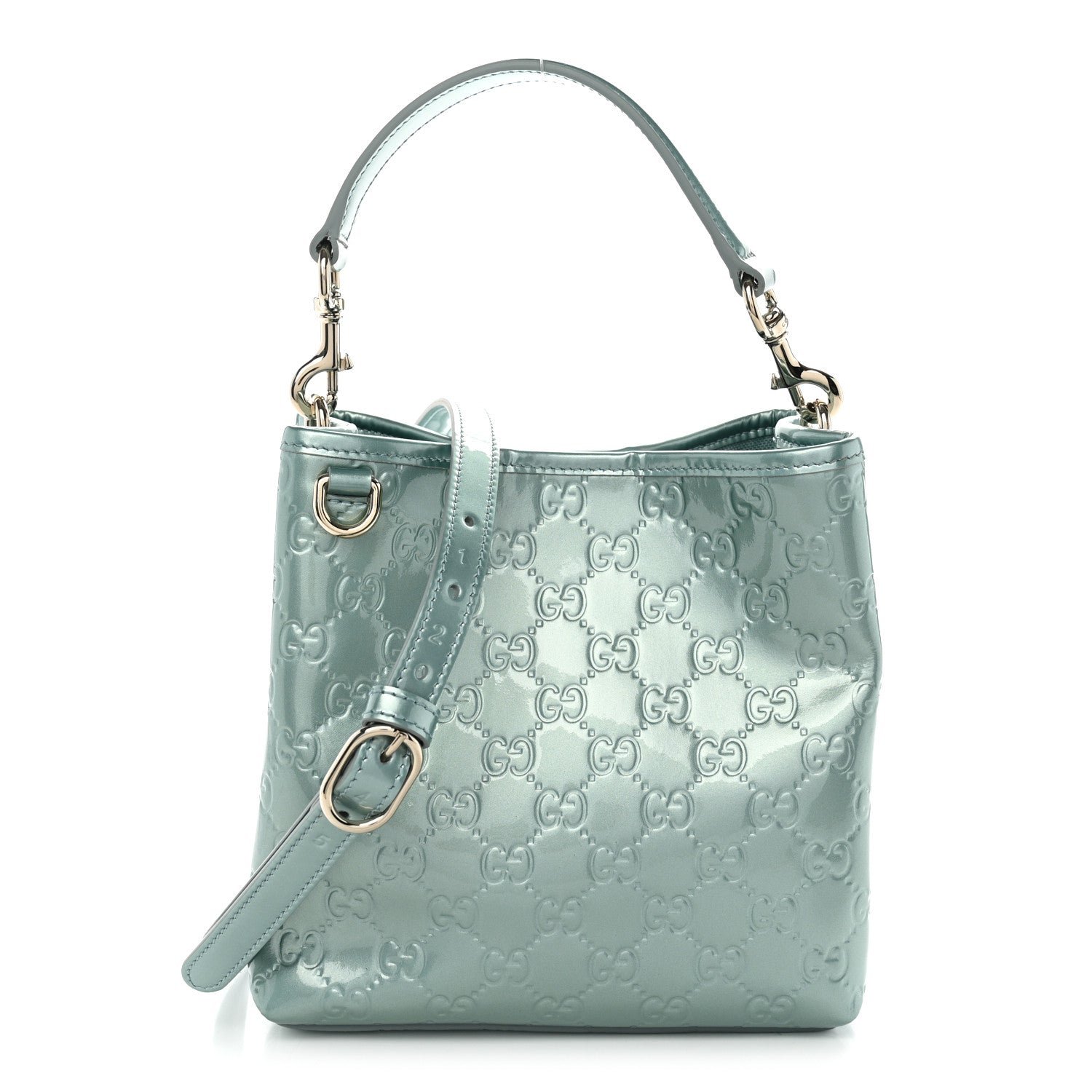 Gucci Patent GG Emblem Small Bucket Bag Light Blue