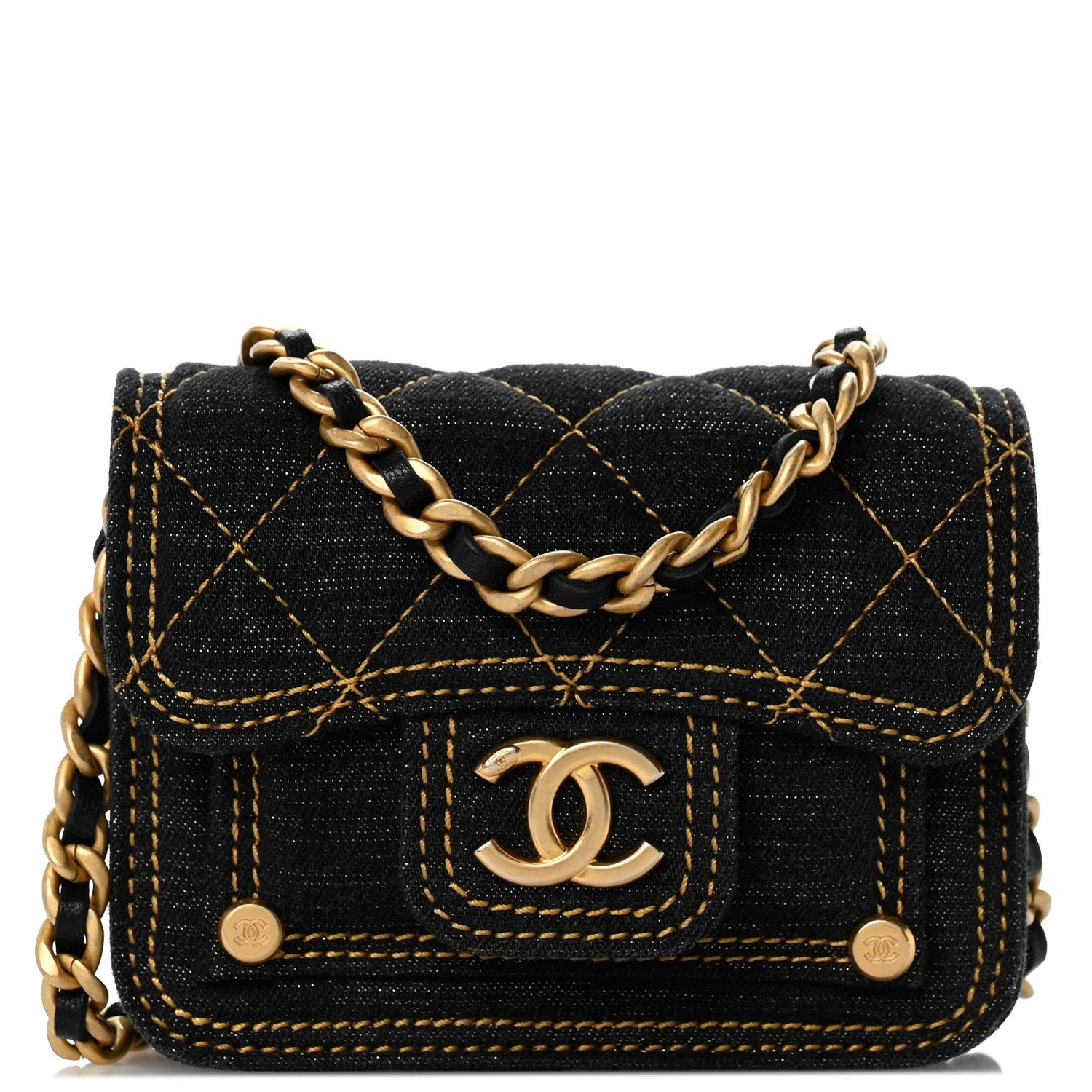 Chanel Denim Quilted Double You Mini Flap Black Golden