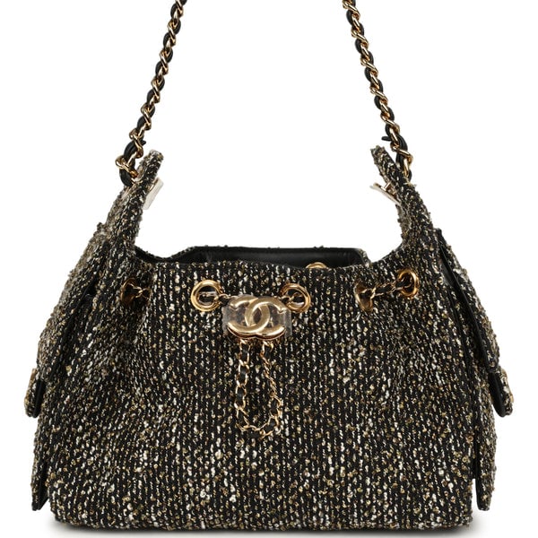Chanel Mini 25 Hobo Bag Black, White, Gold Tweed Boucle Gold Hardware