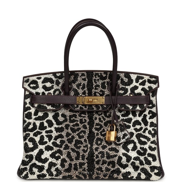 Custom Leopard Swarovski Crystal Hermes Birkin 30 Raisin Togo Gold Hardware