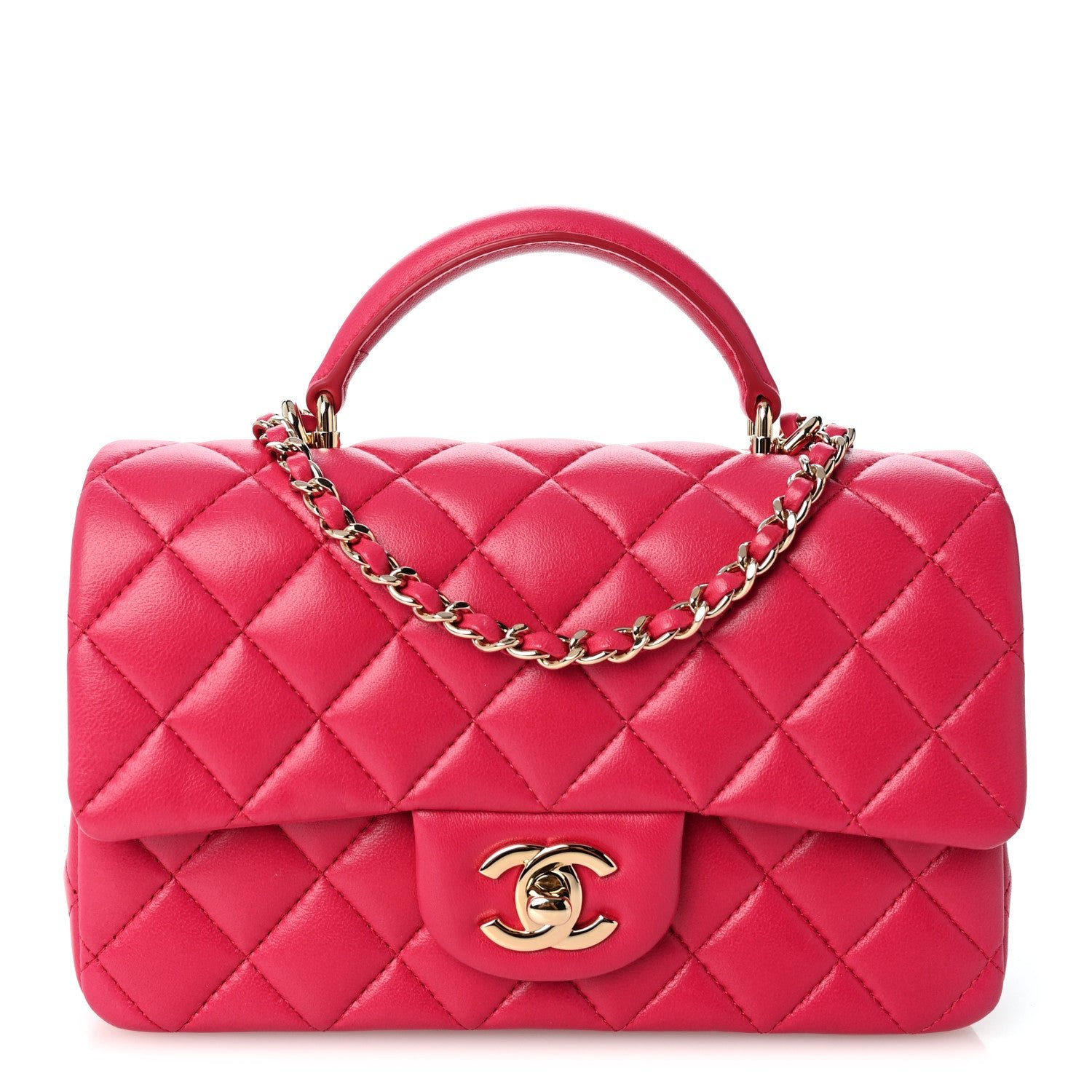 Chanel Lambskin Quilted Mini Top Handle Rectangular Flap Dark Pink