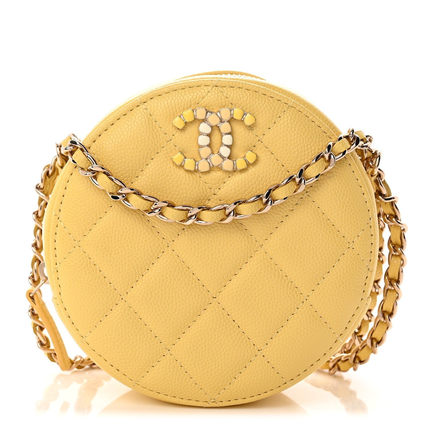 Chanel Caviar Quilted Gripoix CC Round Clutch With Chain Yellow