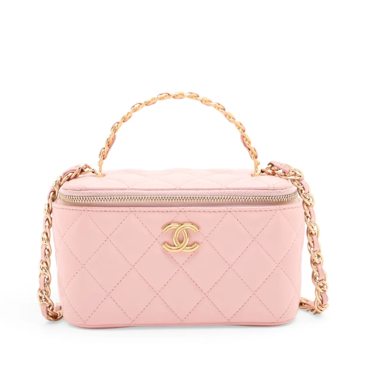 Chanel Matelasse Lambskin 2 Way Handbag Vanity Pink Gold Metal Fittings random s