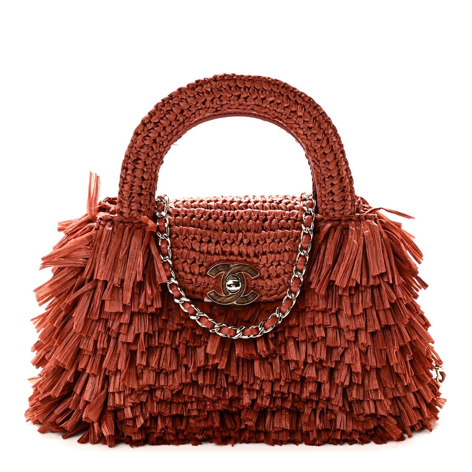 Chanel Raffia Fringe Nano Kelly Shopper Red