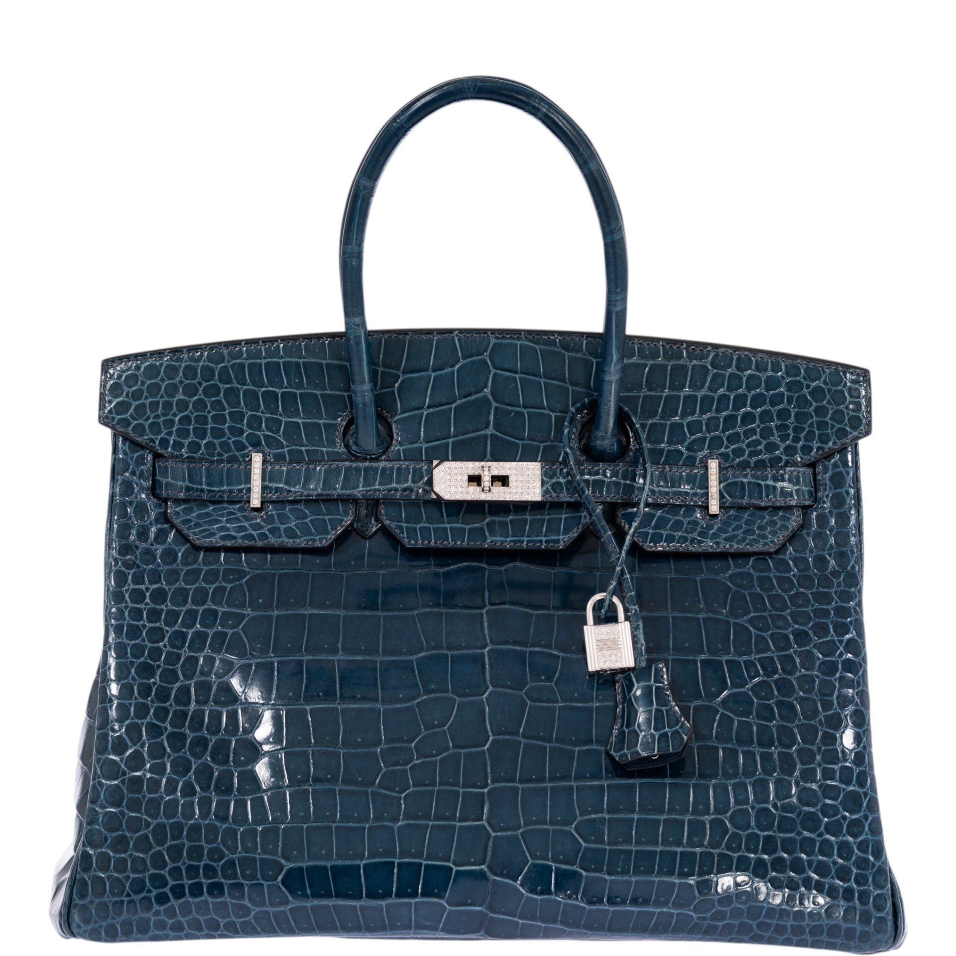 Hermes Hermès Birkin 35 Bleu Roi Shiny Porosus Crocodile 18K White Gold Diamond Hardware