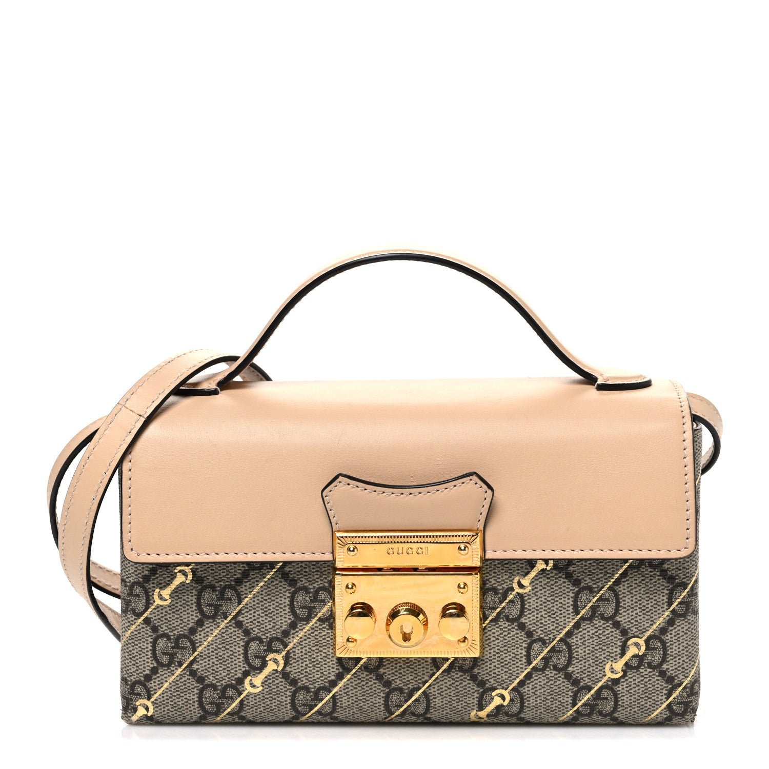 Gucci GG Supreme Monogram Calfskin Horsebit Print Mini Padlock Top Handle Shoulder Bag Beige Ebony Light Pink