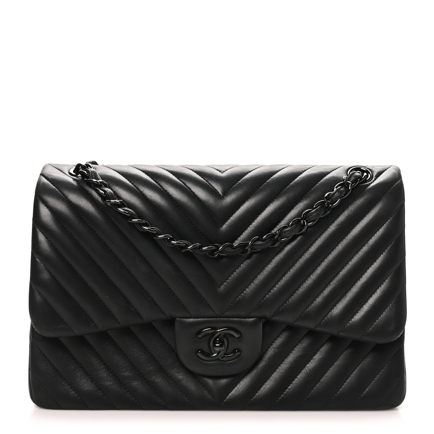Chanel Lambskin Chevron Quilted Jumbo Double Flap So Black