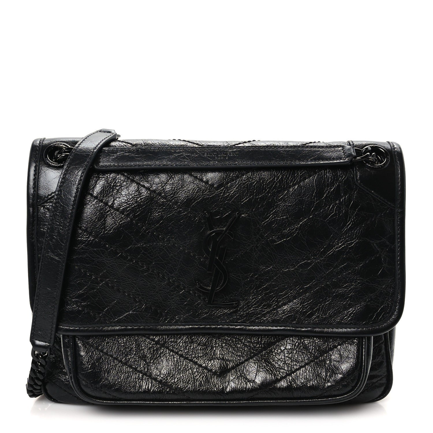 Saint Laurent Crinkled Calfskin Matelasse Monogram Medium Niki Chain Satchel Black