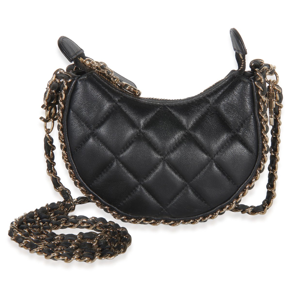 Black Quilted Lambskin CC Chain Around Mini Moon Hobo Crossbody