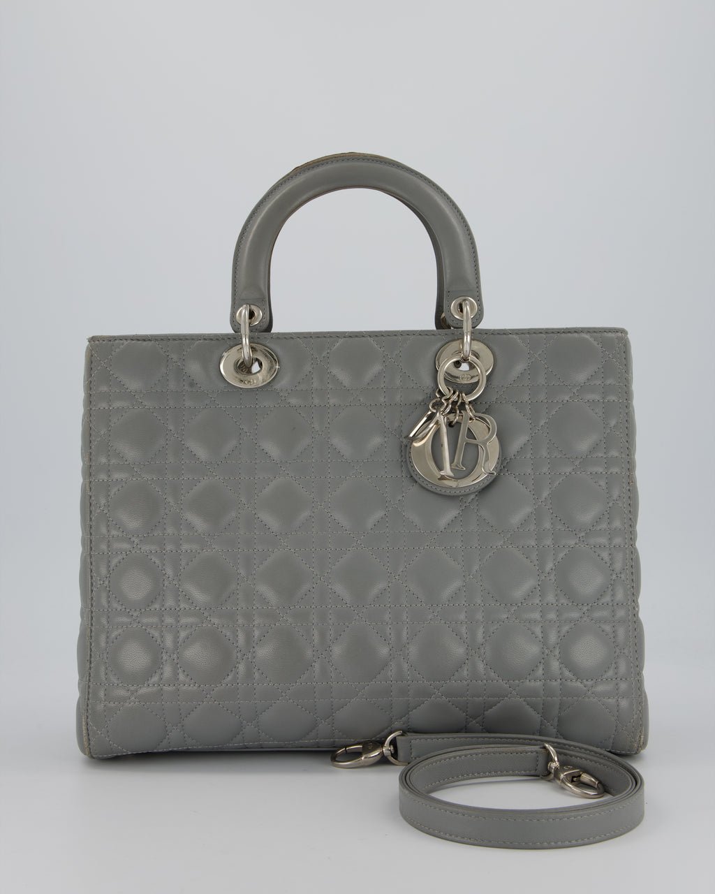 Christian Dior Grey Large Lady Dior Bag in Cannage Quilted Lambskin with Silver Hardware