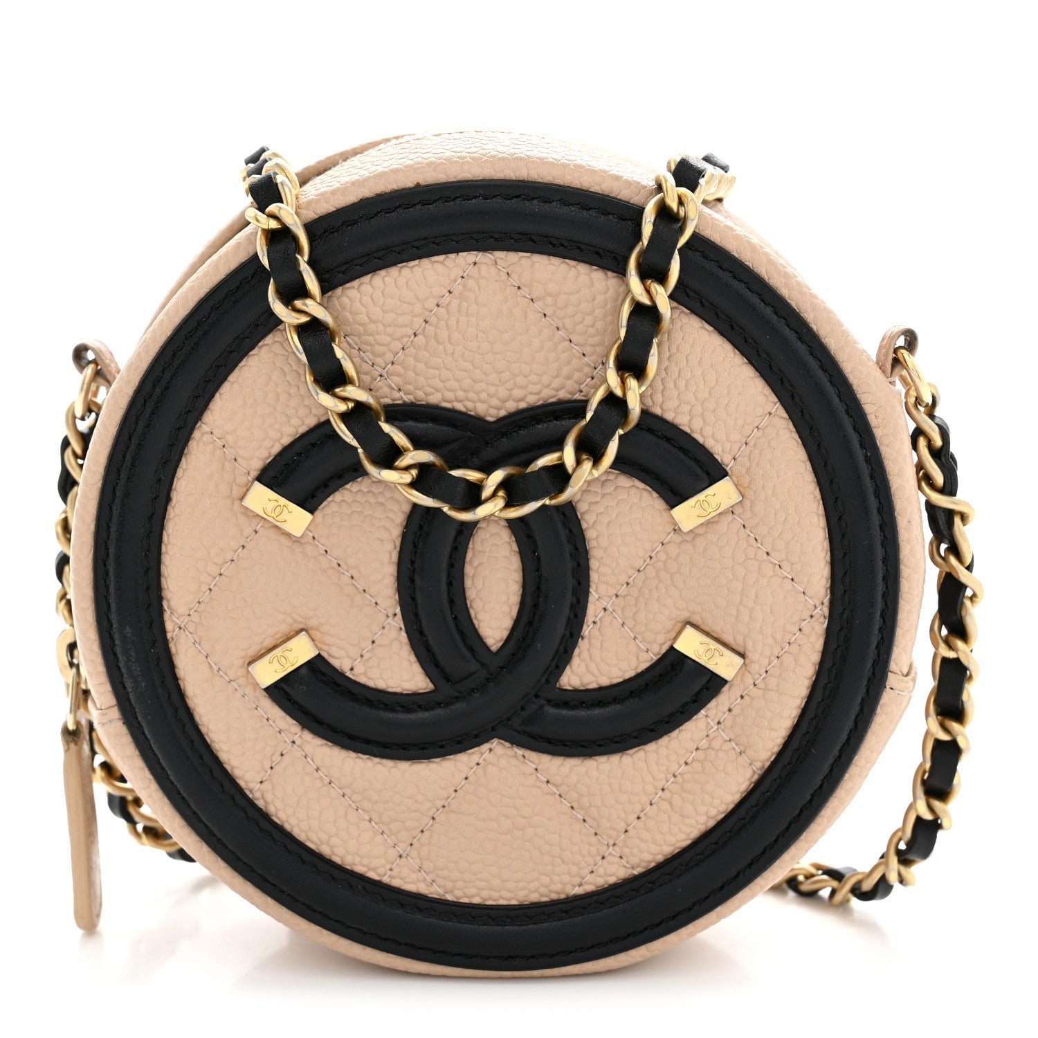 Chanel Caviar Quilted Round Filigree Crossbody Beige Black
