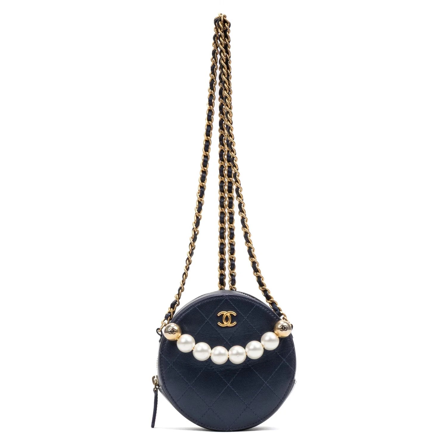 Leather Chic Pearls Round Chain Clutch