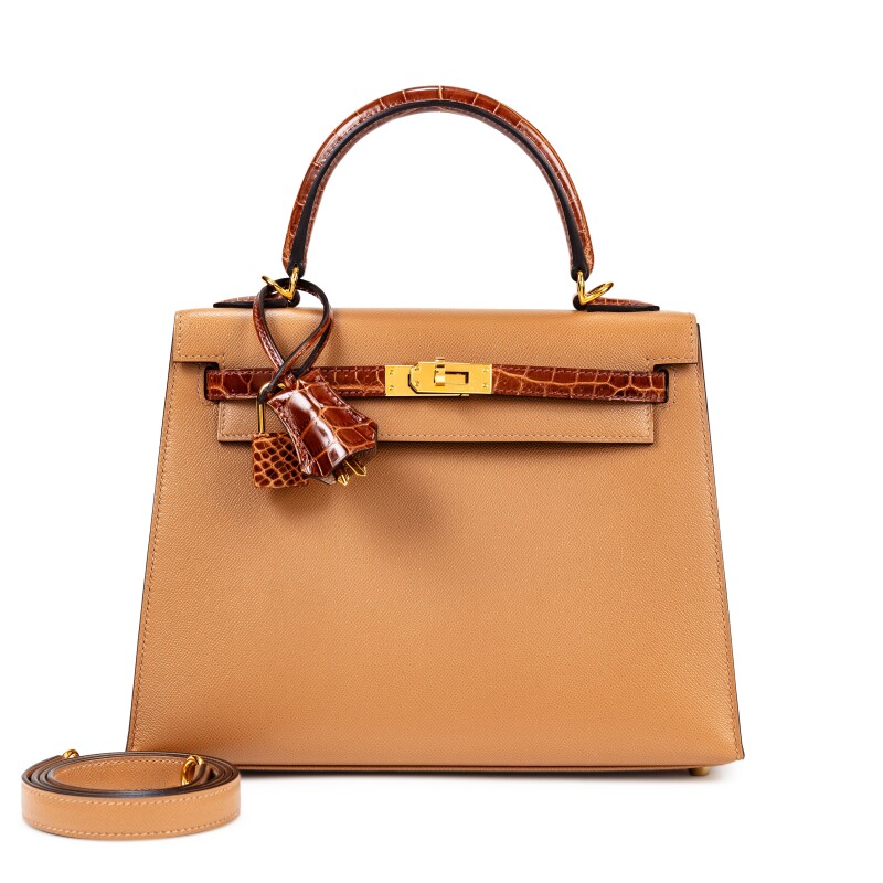 Hermes Limited Edition Miel Shiny Niloticus Crocodile and Chai Madame Touch Kelly 25 Sellier Gold Hardware, 2022