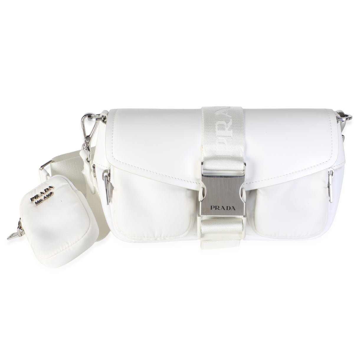 White Re-Nylon Spazzolato Double Pocket Buckle Shoulder Bag