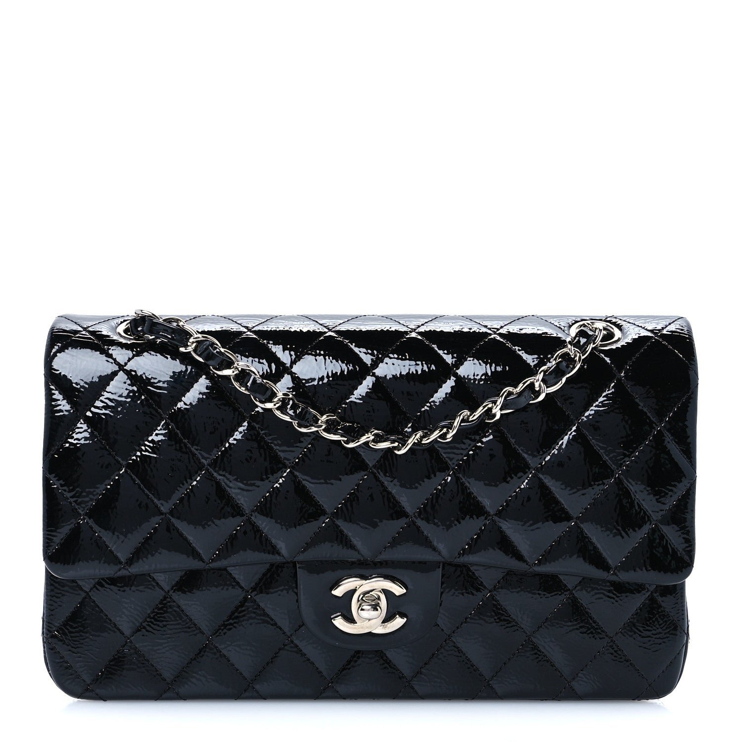 Chanel Distressed Patent Quilted Medium Double Flap Black