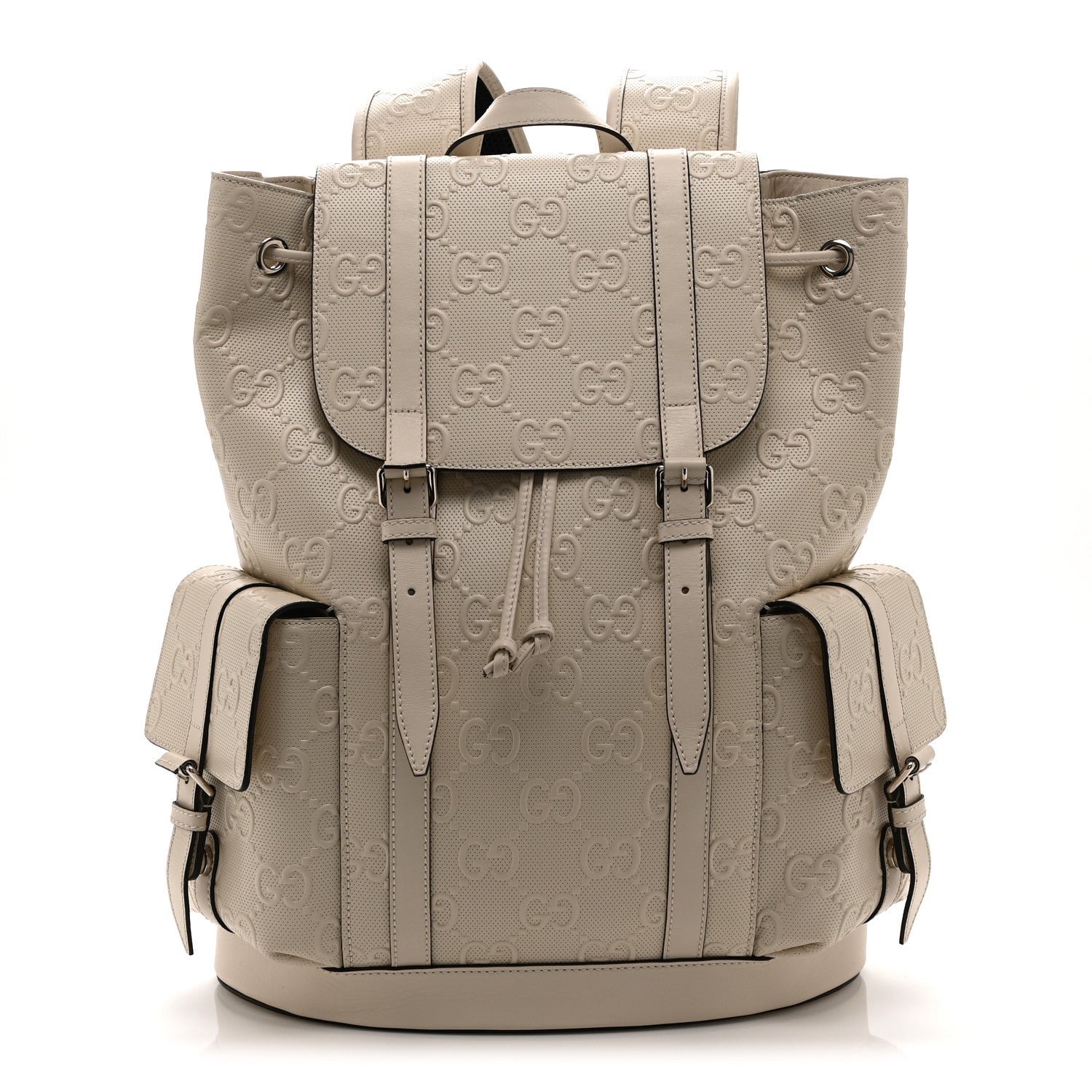 Gucci Piuma Calfskin Jumbo GG Embossed Double Buckle Backpack Mystic White