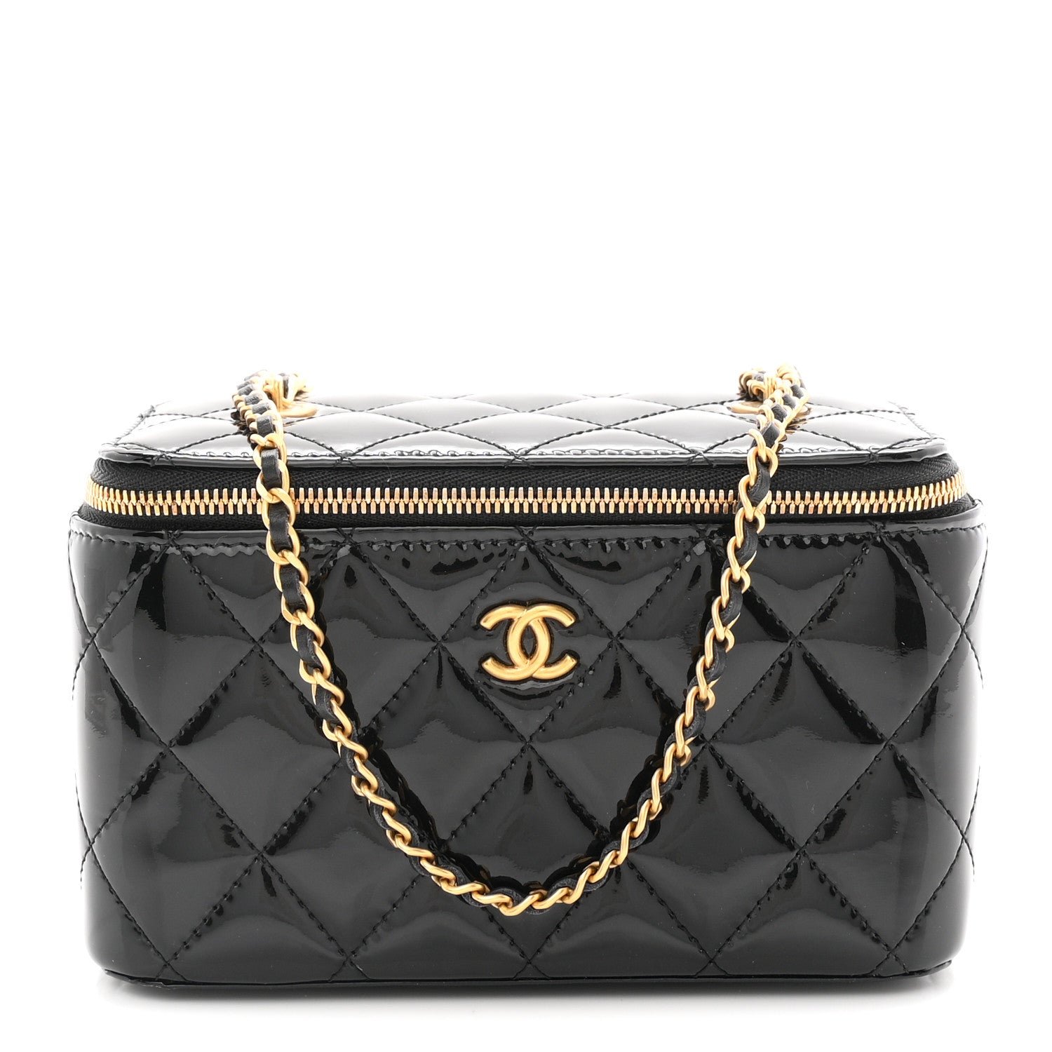 Chanel Patent Enamel Quilted Small Coco Hearts Vanity Case With Chain Black