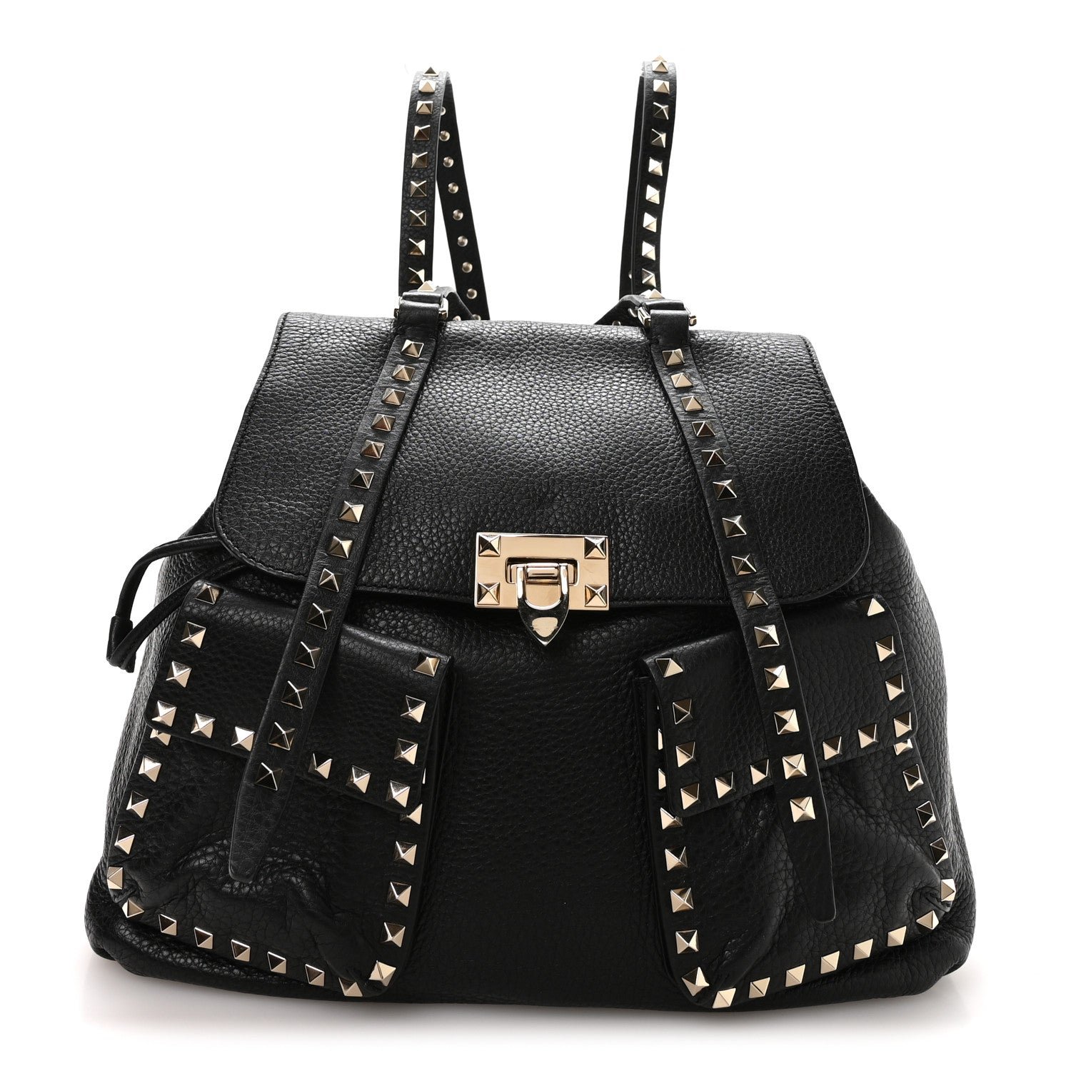 Valentino Garavani Pebbled Calfskin Rockstud Double Pocket Backpack Black