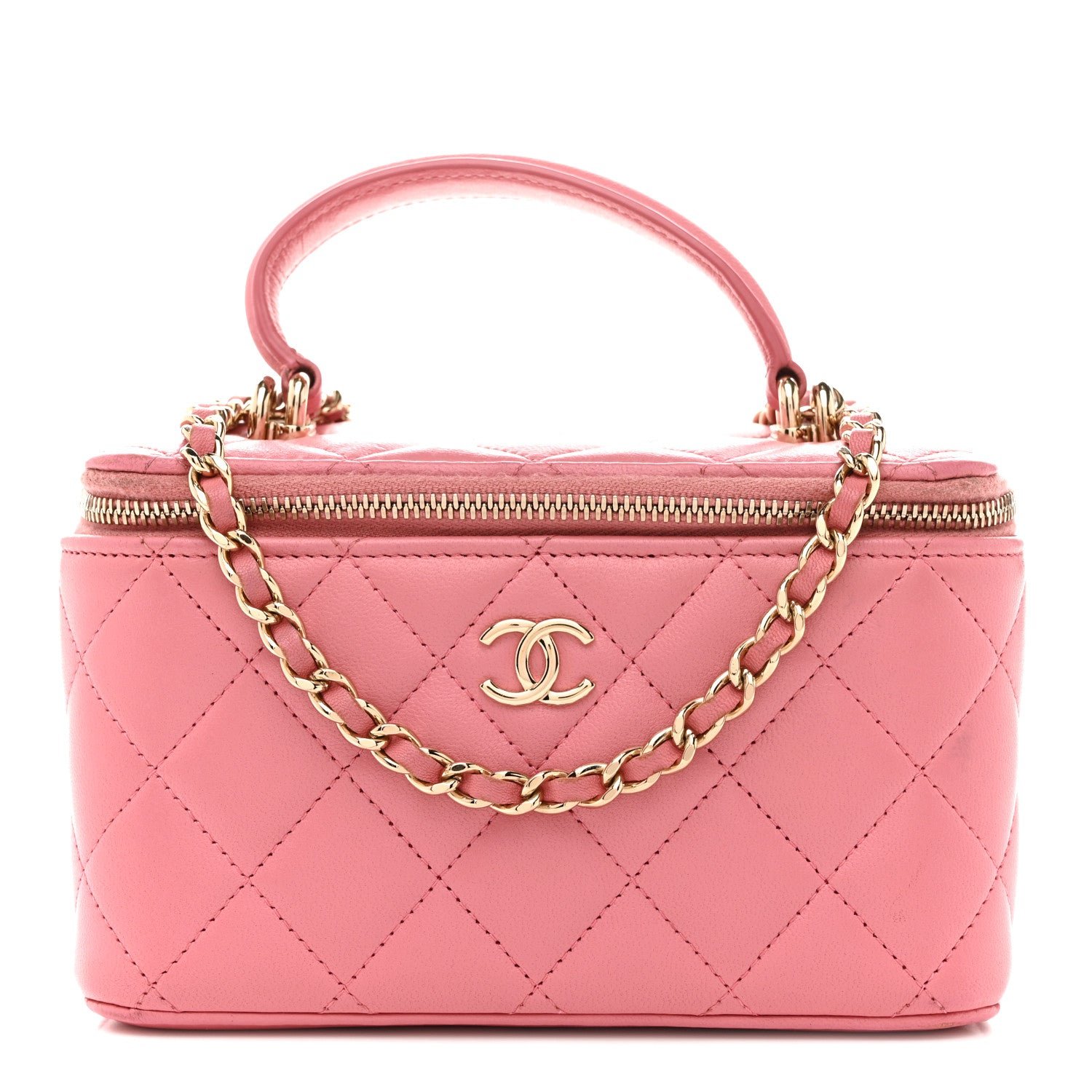 Chanel Lambskin Quilted Small Top Handle Vanity Case With Chain Pink