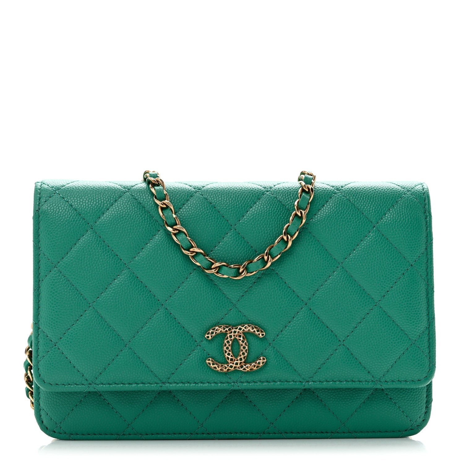 Chanel Caviar Quilted Perforated Metal CC Wallet on Chain WOC Green