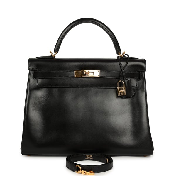 Vintage Hermes Kelly Retourne 32 Black Box Gold Hardware